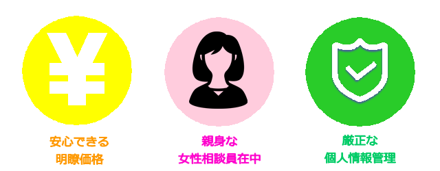 安心できる明瞭価格・女性相談員在中・厳正な個人情報管理